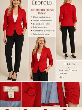 Jules & Leopold Red Tailored Ruched-Sleeve Blazer